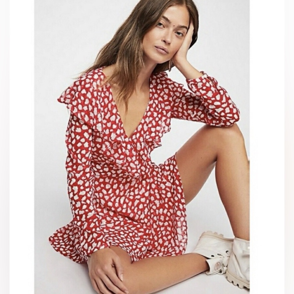 Free People Womens Frenchie Ruffle Wrap Dress Red/White French Girl 🇫🇷 Coquette